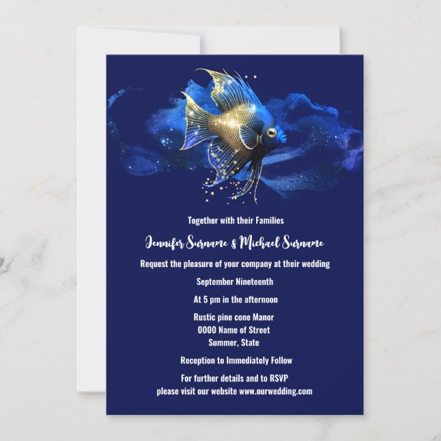 Island chic | blue gold angel reef fish 3D chic Invitation (Front)