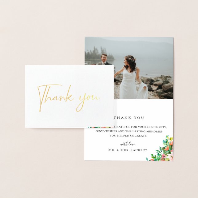 Island Coral Floral Wedding Photo Thank You Card (Display)