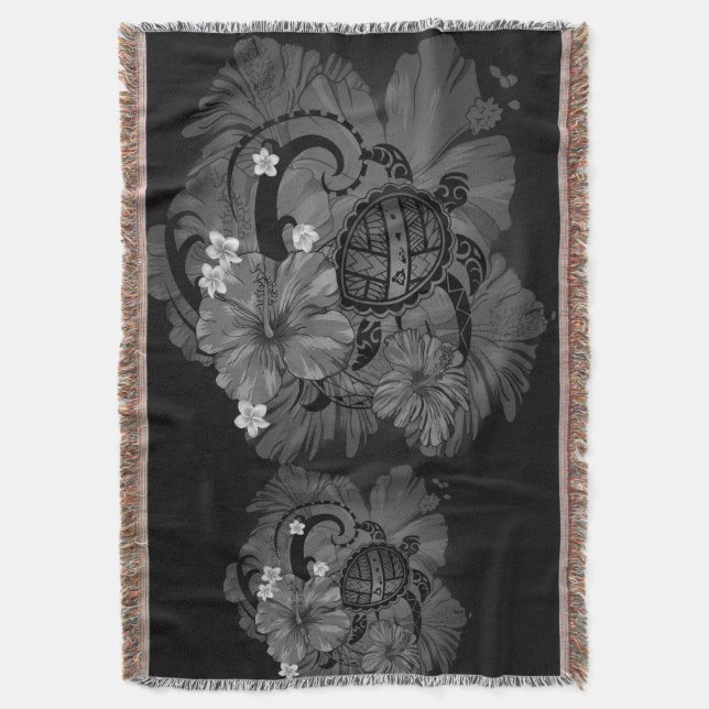Island Hawaiian Map Big Turtle Hibiscus Plumeria T Throw Blanket (Front Vertical)