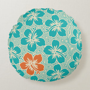 Island Hibiscus Hawaiian Pinstriped Reversible Round Cushion