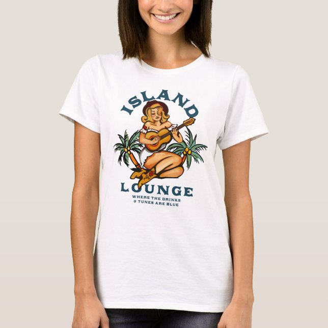 Island Lounge Tropical Musician Tattoo Guitar Girl T-Shirt (Front)