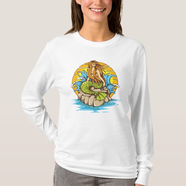 Island Mermaid With Tribal Sun Tattoo Style Art T-Shirt (Front)