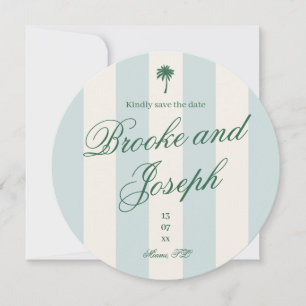Island Palm Stripe Cabana Beach Retro blue wedding Save The Date