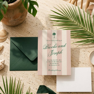 Island Palm Stripe Cabana Beach Retro pink wedding Invitation