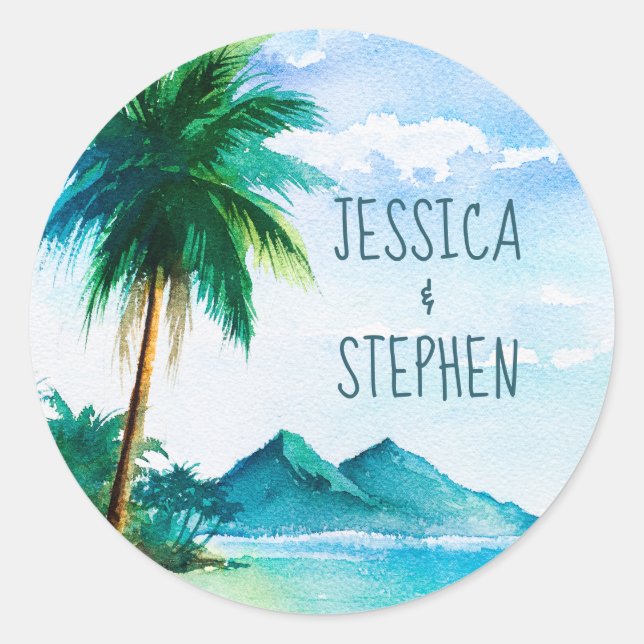 Island Palm Tree Painting Tropical Beach Wedding Classic Round Sticker (Front)