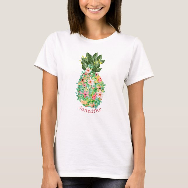 Island Pineapple Tropical Floral Personalised Name T-Shirt (Front)
