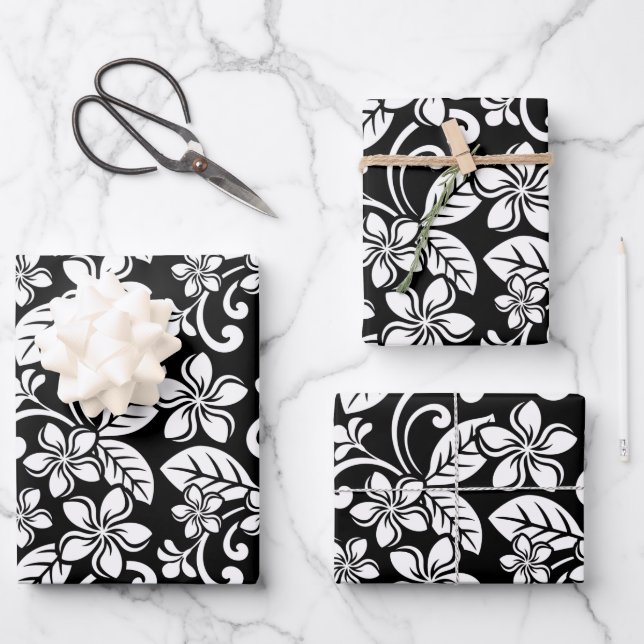 ISLAND PLUMERIA (BLACK) WRAPPING PAPER SHEETS (Front)
