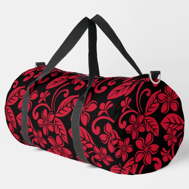 ISLAND PLUMERIA PATTERN IN BLACK/RED DUFFLE BAG (Left Corner)