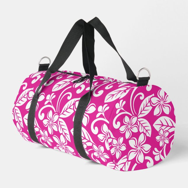 ISLAND PLUMERIA PATTERN IN HOT PINK DUFFLE BAG (Left Corner)