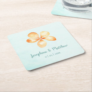 Island Plumeria Watercolor Wedding Square Paper Coaster