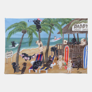 Island Summer Vacation Labradors Painting Tea Towel