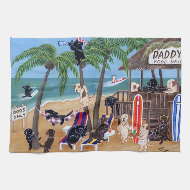 Island Summer Vacation Labradors Painting Tea Towel (Horizontal)