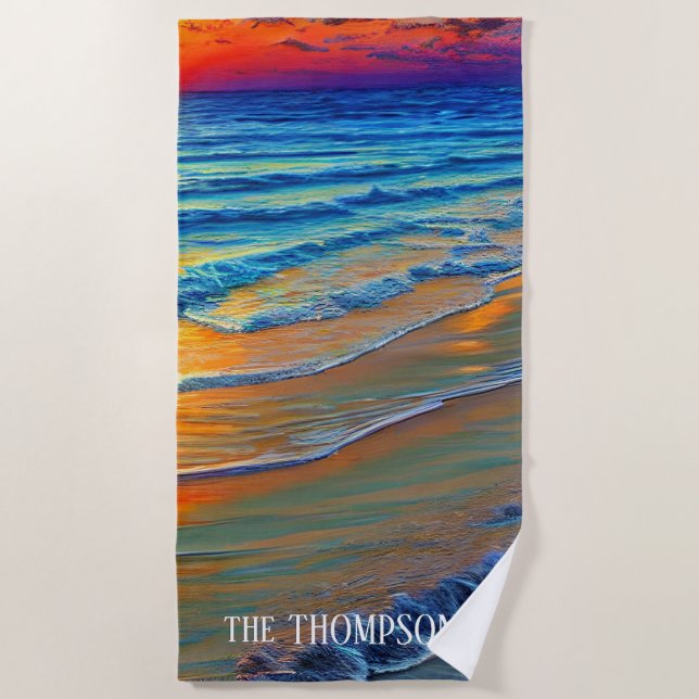 Island Sunset with Personalised Name Beach Towel (Front)