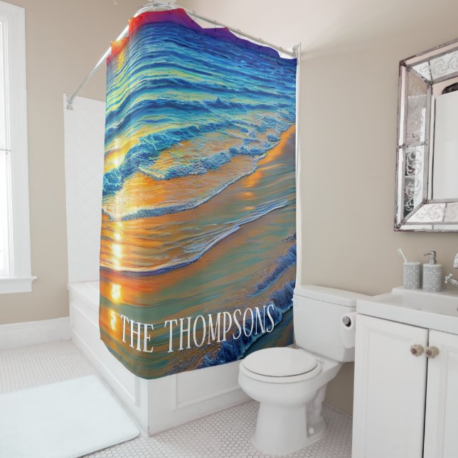 Island Sunset with Personalised Name Shower Curtain (In Situ)