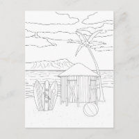 Island Tiki Hut Adult Colouring Postcard