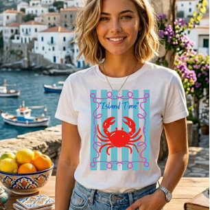 Island Time Cute Red Crab Nautical Stripes T-Shirt