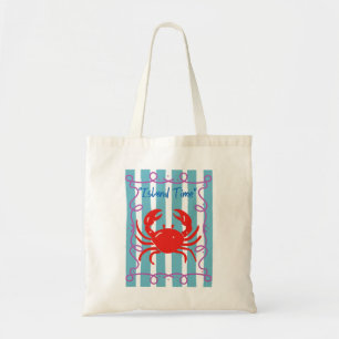 Island Time Cute Red Crab Nautical Stripes T-Shirt Tote Bag