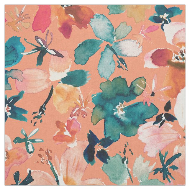 ISLAND TIME Watercolor Tropical Floral on Peach Fabric (Swatch)