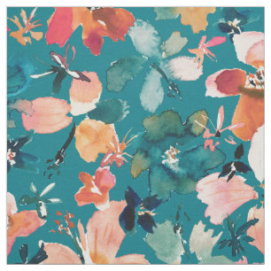 ISLAND TIME Watercolor Tropical Floral on Teal Fabric