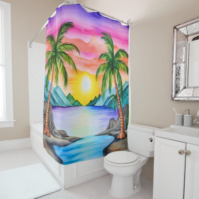 Island Tropical Beach Sunset Shower Curtain (In Situ)