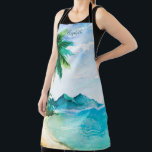 Island Tropical Watercolor Beach Apron<br><div class="desc">Get into the Aloha spirit with this beautiful watercolor design. Monogrammed with your name or other name. Features a tropical breezy island palm tree,  sandy beach,  coastal waves and majestic mountains. Perfect for a luau or Hawaiian island theme.</div>