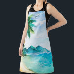 Island Tropical Watercolor Beach Apron<br><div class="desc">Get into the Aloha spirit with this beautiful watercolor design. Monogrammed with your name or other name. Features a tropical breezy island palm tree,  sandy beach,  coastal waves and majestic mountains. Perfect for a luau or Hawaiian island theme.</div>