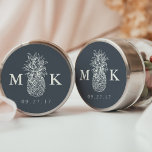 Island Vintage Pineapple Monogram Wedding Classic Round Sticker<br><div class="desc">Personalise these stickers with your initials, monogram or duogram and wedding date for a chic way to finish your wedding invitations, save the dates, favours or thank you cards. Design features a smoky grey navy blue background with ivory lettering and a vintage style pineapple illustration for a southern or tropical...</div>