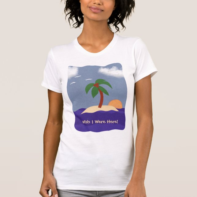Island with Palm Tree, Sunset and Seagulls T-Shirt (Front)