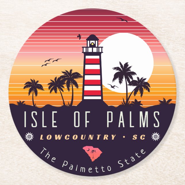 Isle of Palms lighthouse SC Retro Sunset Souvenirs Round Paper Coaster (Front)