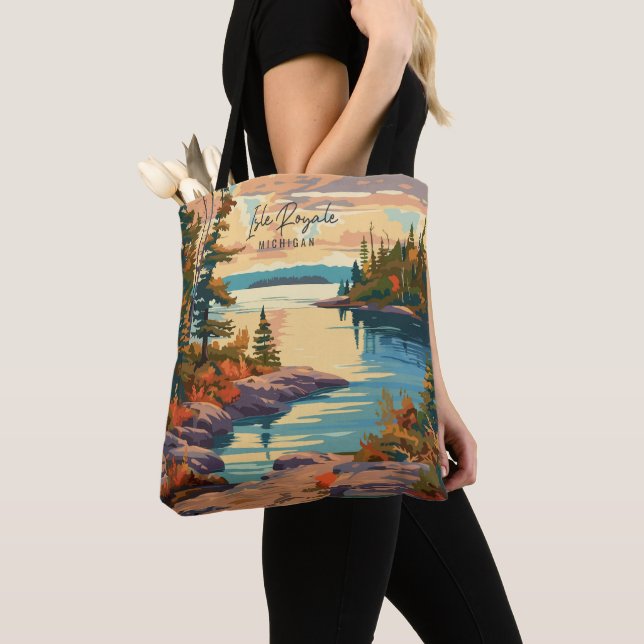 Isle Royale Michigan Vintage Travel Illustration Tote Bag (Close Up)