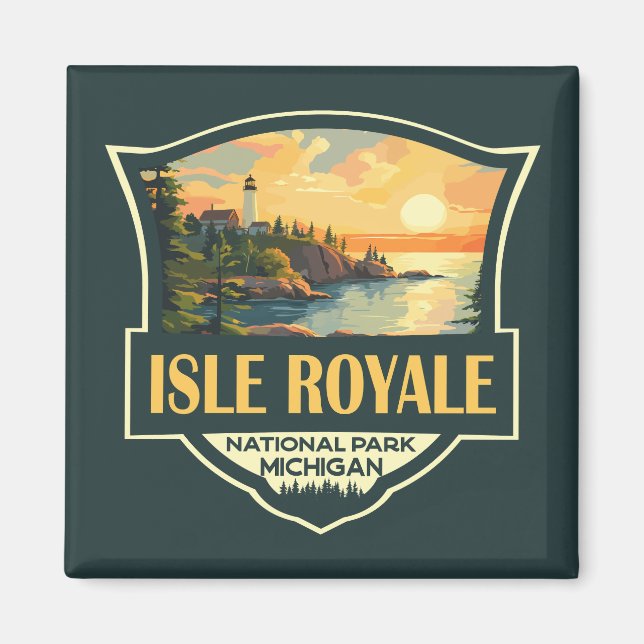 Isle Royale National Park Illustration Retro Badge Magnet (Front)