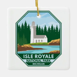 Isle Royale National Park Lighthouse Retro Emblem Ceramic Ornament