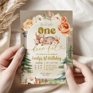 Isn't She Onedeerful Forest Boho 1st Birthday Girl Invitation
