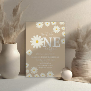 Isn't she ONEderful Beige Daisy First Birthday  Invitation