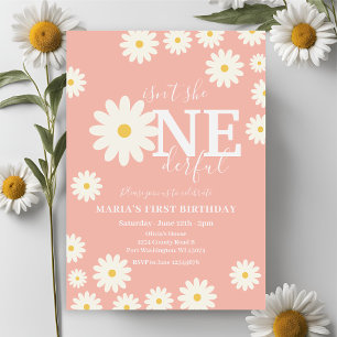 Isn't she ONEderful Peach Daisy First Birthday  Invitation
