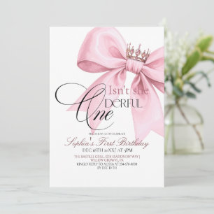 Isn't she Onederful Pink Bow 1st Birthday Party Invitation