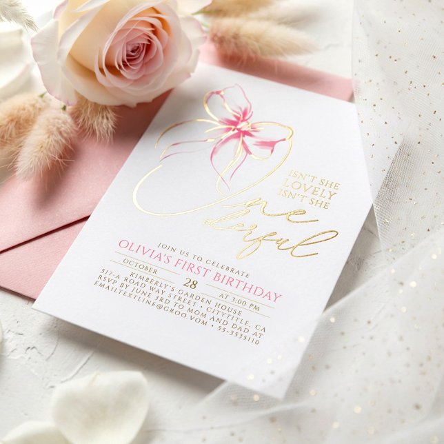 Isn't She Onederful Pink Bow Elegant 1st Birthday (Gold Foil Pink Bow 1st Birthday Invitation Isn't She Lovely Isn't She Onederful)