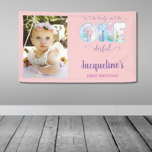Isn't She ONEderful Pink Girls 1st Birthday Party Banner (Girls 1st birthday pink party banner. Under the sea isn't she  ONEderful with photo.)