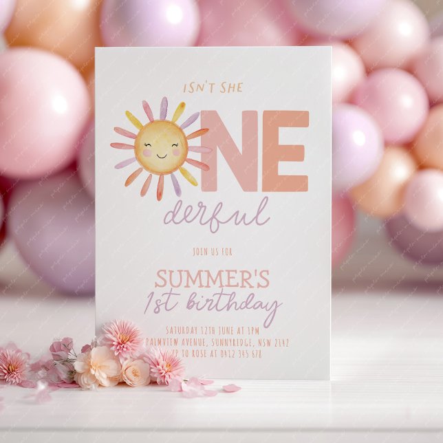 Isn't She Onederful Sun Girl 1st Birthday Invitation (Isn't she Onederful! Girl's sun 1st birthday invitation. )