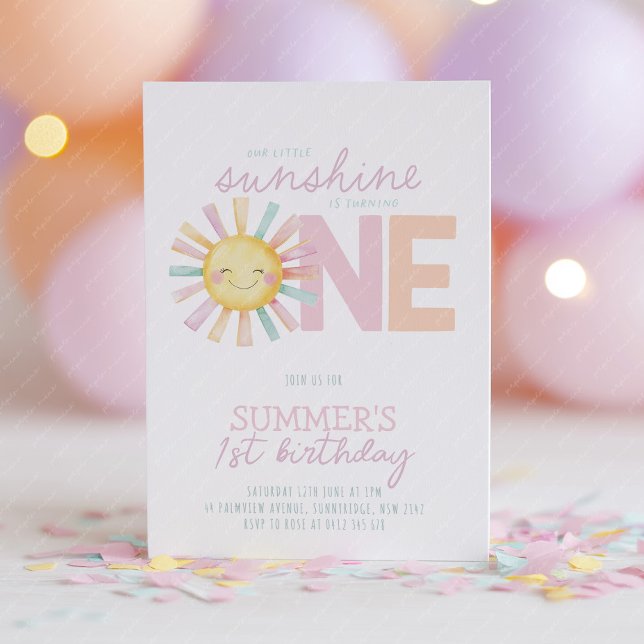 Isn't She Onederful Sun Girl Pastel 1st Birthday Invitation (Our little sunshine is turning one! Cute pastel sun 1st birthday invitation in pink, peach & purple)