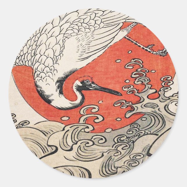 Isoda Koryusai Crane Waves and rising sun Classic Round Sticker (Front)
