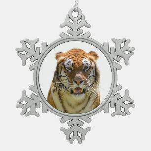 Isolated of portrait tiger and showing teeth snowflake pewter christmas ornament