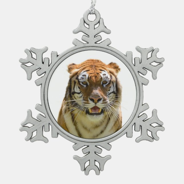 Isolated of portrait tiger and showing teeth snowflake pewter christmas ornament (Front)