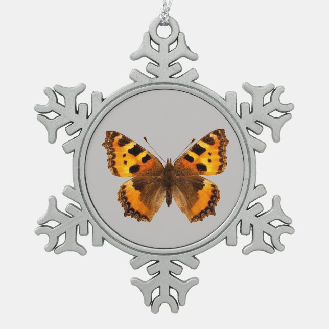 Isolated small tortoiseshell butterfly snowflake pewter christmas ornament (Front)