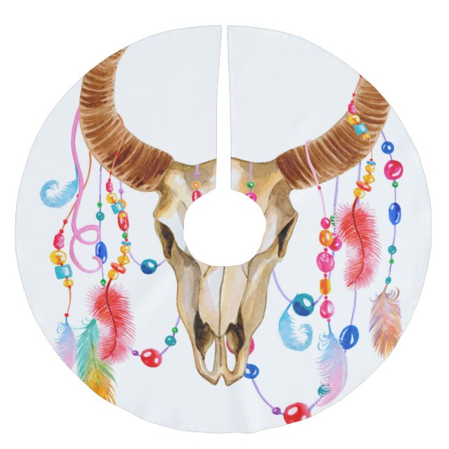 Isolated Watercolor Skull: White Background. Brushed Polyester Tree Skirt (Front)