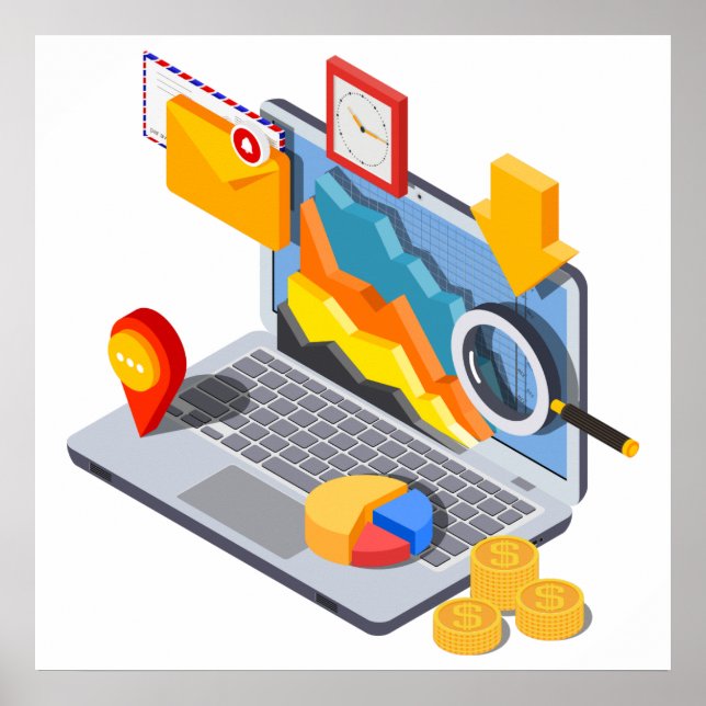 Isometric Business Data Analytics Laptop Poster (Front)