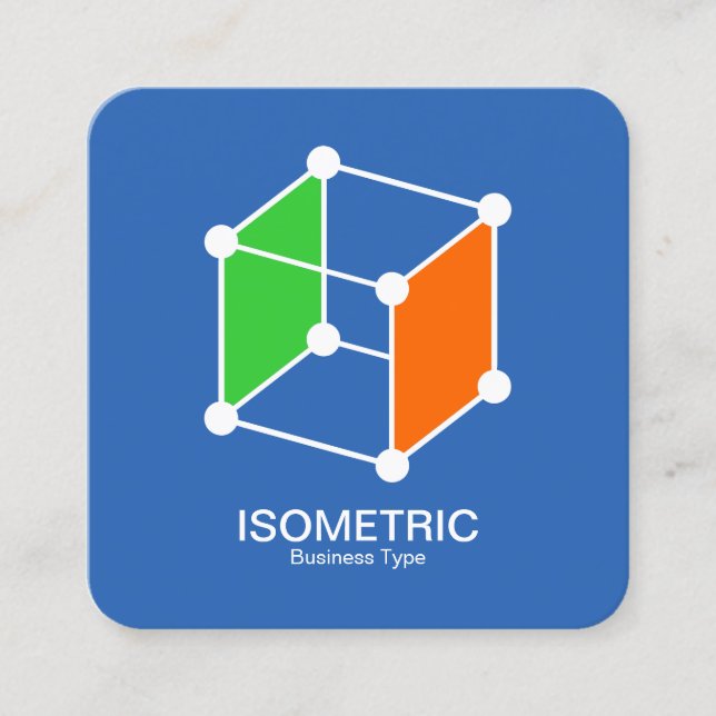 Isometric Cube -  White, Green and Orange on Blue Square Business Card (Front)
