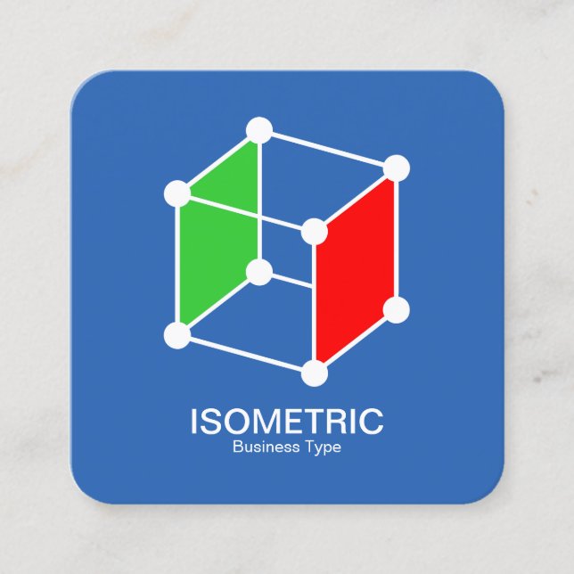 Isometric Cube -  White, Green and Red on Blue Square Business Card (Front)