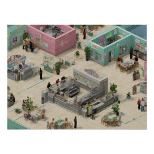Isometric Outdoor Café Market in Pastel Town Poster
