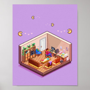 Isometric  Pixel Art Gaming PC Room Poster